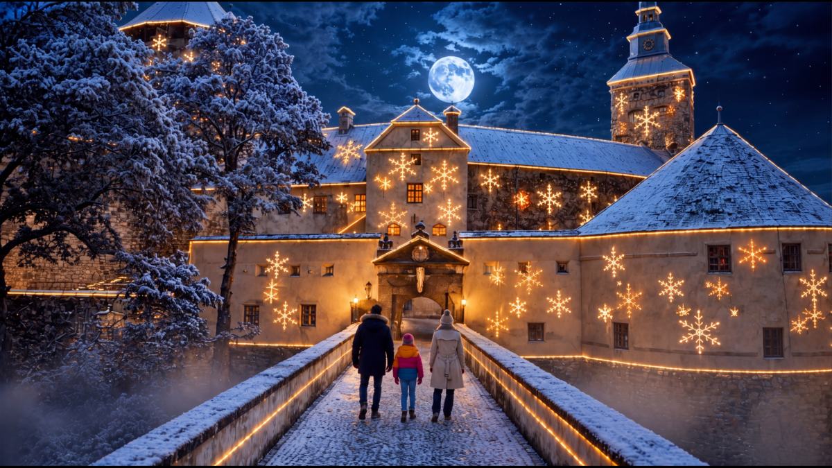 Familie auf der beleuchteten Burg Schlaining (KI-generiertes Bild)